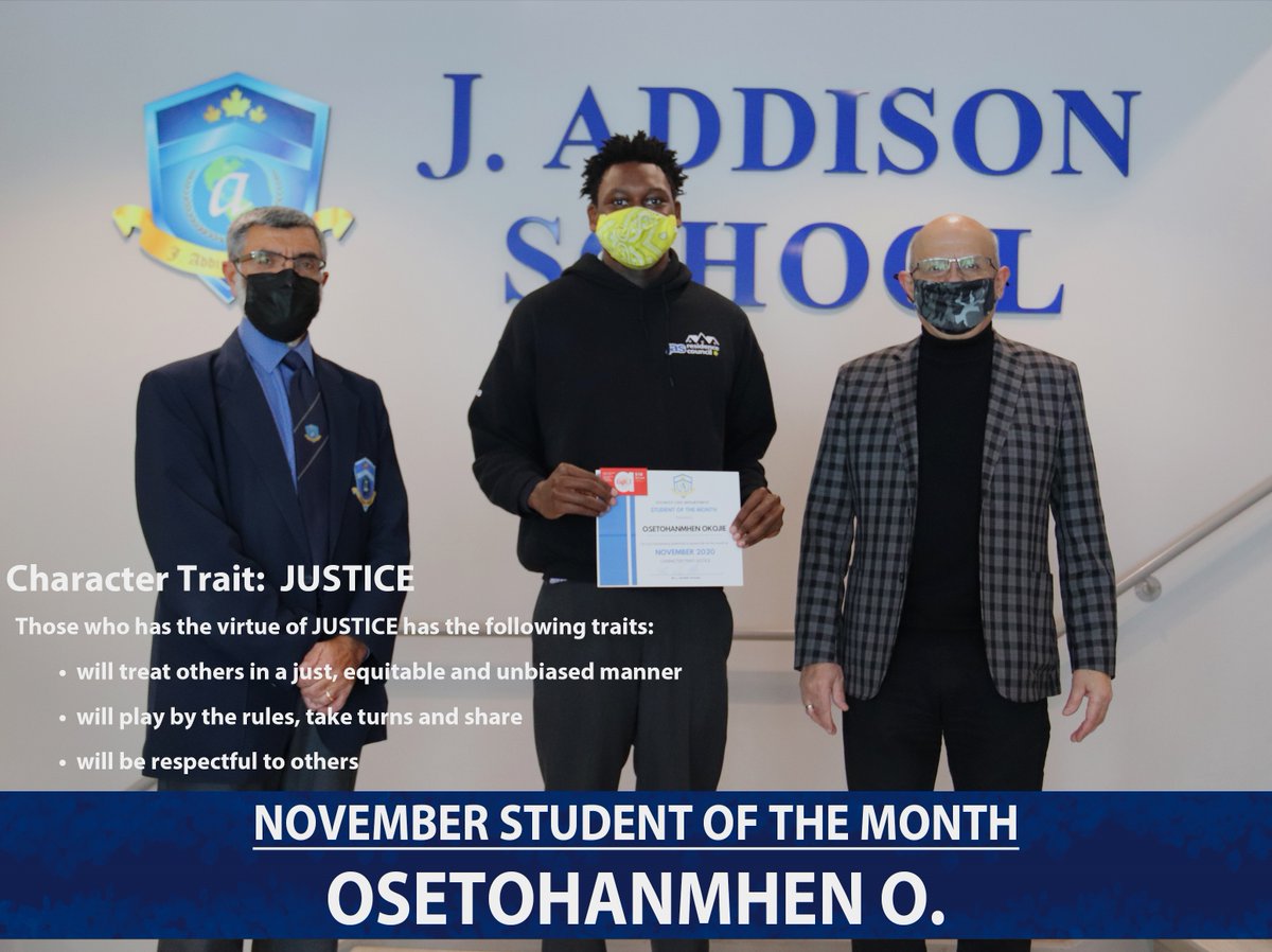JAddison2002's tweet image. Congratulations to Ose O., on receiving the Student of the Month award for November! 👏

He displayed the character trait of Justice throughout November by treating others in a just, equitable and unbiased manner.
