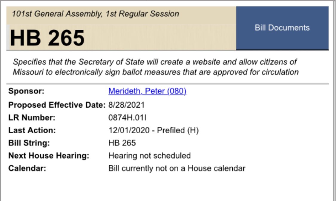 I’m a big fan of Peter Merideth’s proposal to allow Missourians to electronically sign ballot measures.Which stands in stark contrast to those working to make it harder for us to exercise our voice.9/