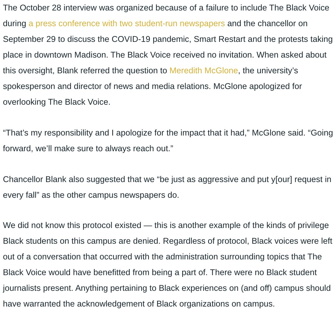To be fair: Meredith McGlone, who runs media relations at the UW and set up our meeting w/ Blank, took ownership of Black Voices being left out. (And it's worth noting that other student news outlets like  @WSUM were also not at the meeting)