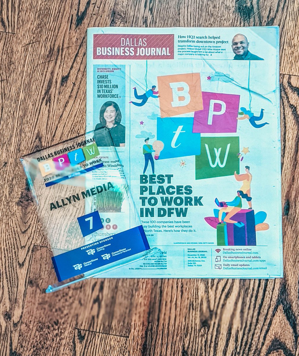 Allyn_Media's tweet photo. What makes Allyn Media a Best Place to Work? Great people doing meaningful work. Thank you to our amazing clients and outstanding team!
#bptw2020 @DallasBizNews https://t.co/AFksnn3qn1
