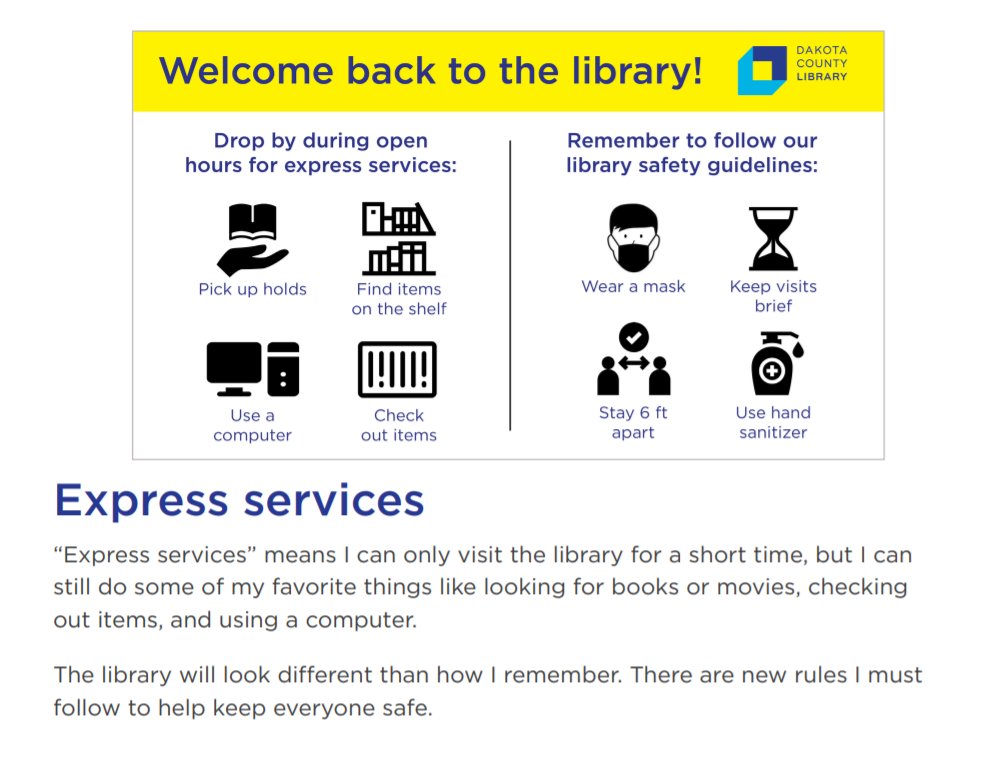 dakotalib's tweet image. Our new Express Services #SocialNarrative can help prepare individuals of all ages &amp;amp; abilities for visiting the library to use express services while following library safety guidelines during the pandemic. Check it out: tinyurl.com/DCLExpressNarr… #LibraryAccessibility