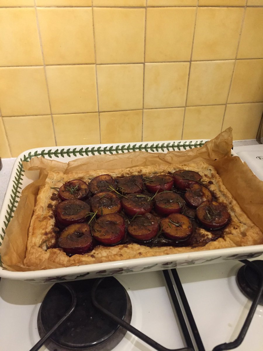 A lovely meal of daal then plum &amp; rosemary tart from ⁦<a href="/missminifer/">Rukmini Iyer</a>⁩’s wonderful Roasting Tin books. Best cook books we own!