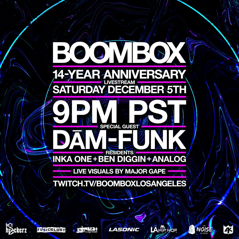 [SATURDAY] we return with our 14-YEAR ANNIVERSARY LIVESTREAM featuring modern funk legend <a href="/DAMFUNK/">FunK</a>!! a Los Angeles icon + all residents + visuals by <a href="/MAJORGAPE/">MajorGape</a> + support from <a href="/LasonicAudio/">Lasonic</a>. thank you ALL for your support over the years! ayyye!
LIVESTREAM: twitch.tv/boomboxlosange…