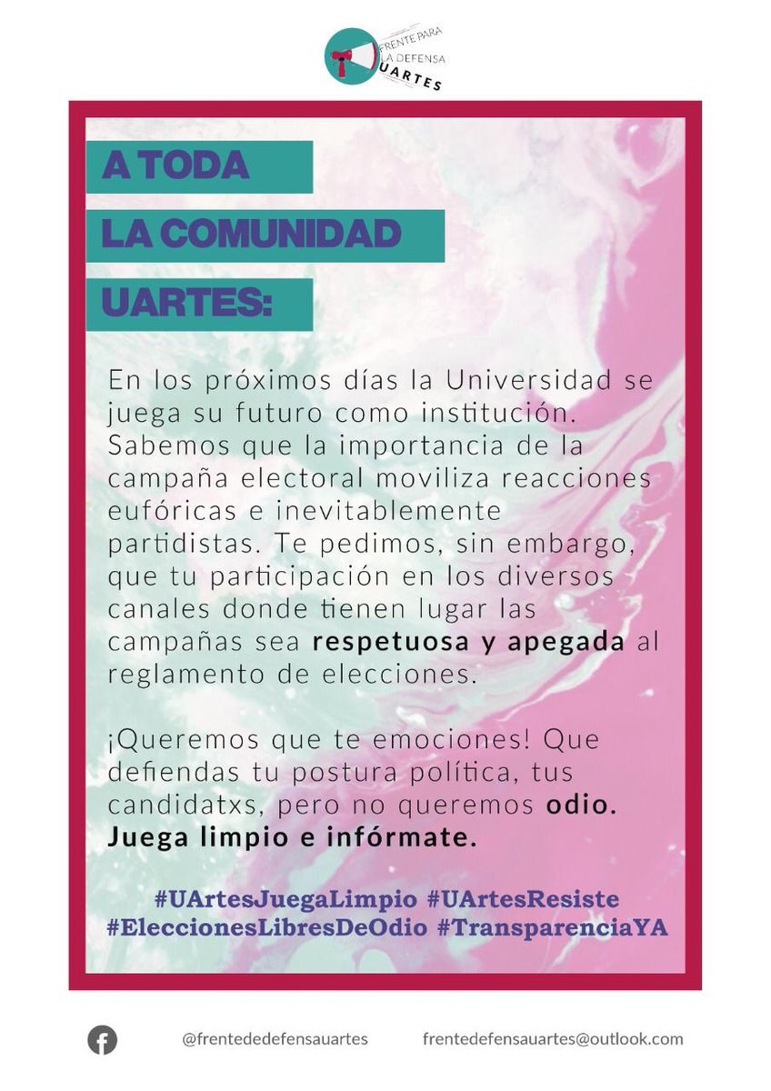 Recordemos que nuestros actos dicen tanto como nuestras palabras. Hagamos una campaña a la altura de nuestra institución. 
#UArtesJuegaLimpio #UArtesResiste 
#EleccionesLibresDeOdio