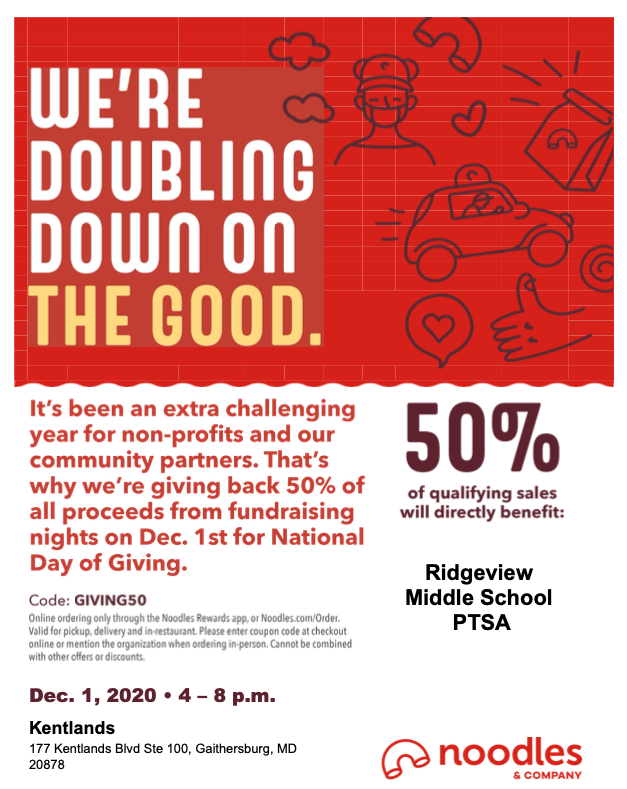JLESPTAOfficial's tweet photo. Noodles &amp; Co Fundraiser tonight! 
Kentlands Location 
50% proceeds back to Ridgeview Middle PTSA https://t.co/oymk0oe9DR