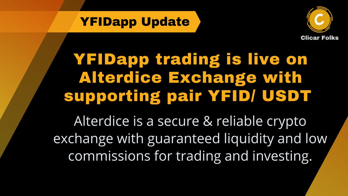 ClicarNetwork's tweet photo. Today @YFIDapp platform announced that  its trading is live on Alterdice with supporting trade pair YFID/USDT

YFIDapp team is working 100% according to the roadmap #DYOR

Link: https://t.co/lMPwVZN0u1

#DeFi #crypto #blockchain #YFIDapp $YFID https://t.co/r1Sd7S7BIv