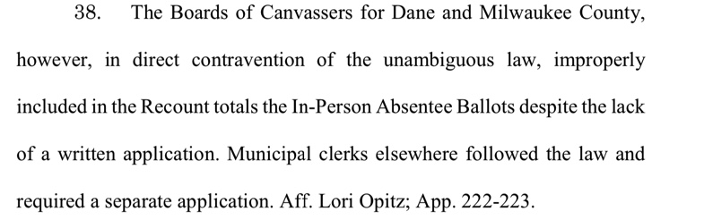 Dane & Milwaukee Counties were the only ones not following State law in regards to absentee ballots being included in the recount. Clear violation of Equal Protections and the Right to Vote.