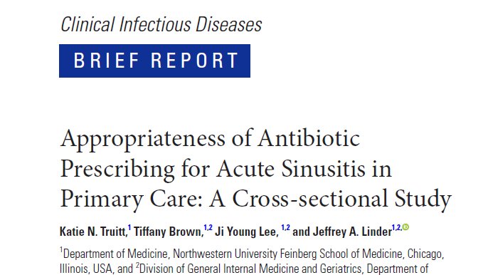 jefflinder.bsky.social (@jeffreylinder) on Twitter photo 1/9 THREAD
Non-COVID, #primarycare #antimicrobialstewardship tweet.
Work by <a href="/katietruittmd/">Katie Truitt</a>.
In the US, about 80% of visits for sinusitis in primary care result in an antibiotic prescription.
But what is the RIGHT proportion?
academic.oup.com/cid/advance-ar… 1/9 THREAD
Non-COVID, #primarycare #antimicrobialstewardship tweet.
Work by <a href="/katietruittmd/">Katie Truitt</a>.
In the US, about 80% of visits for sinusitis in primary care result in an antibiotic prescription.
But what is the RIGHT proportion?
academic.oup.com/cid/advance-ar…