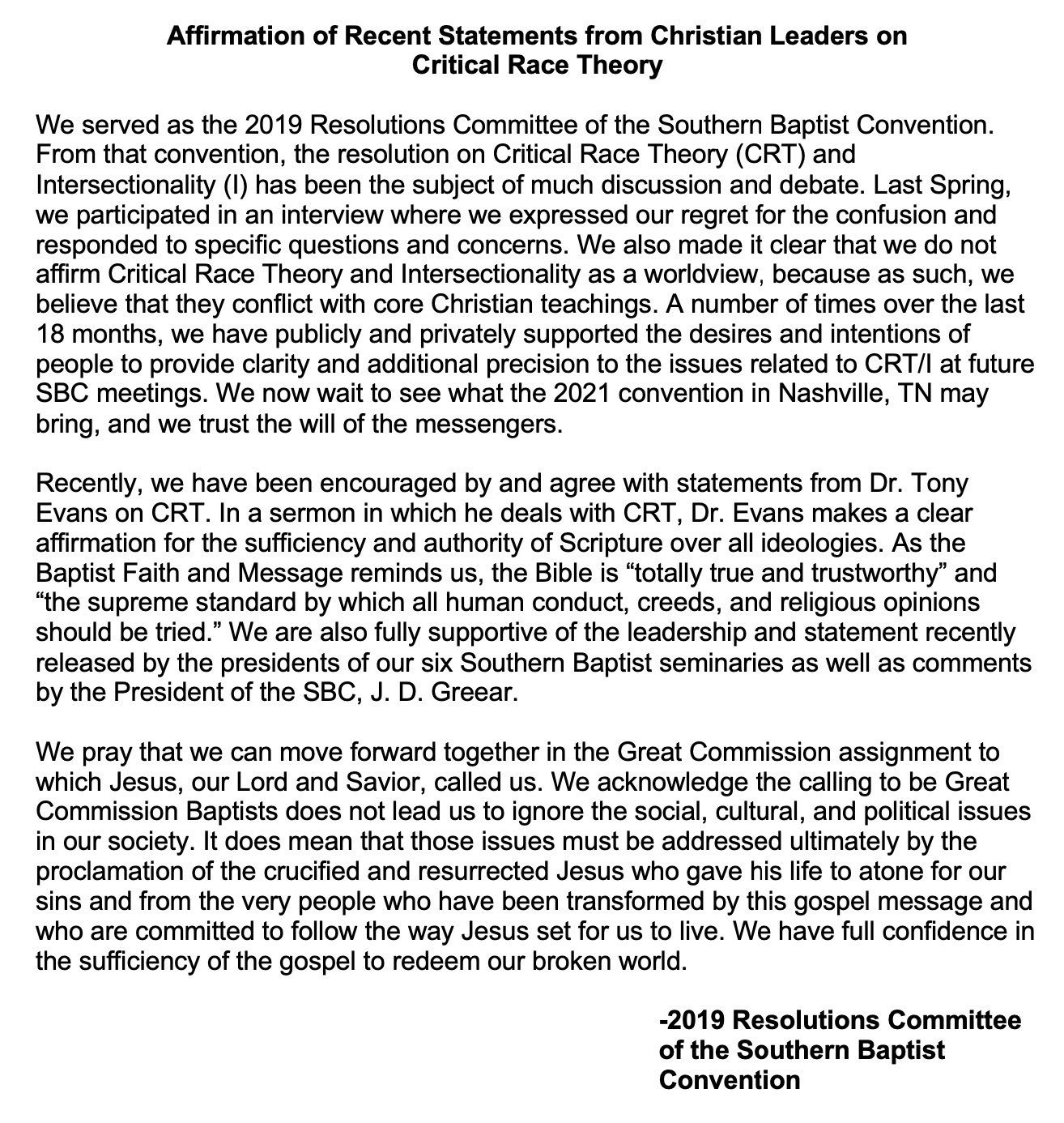Keith Whitfield On Twitter In Light Of Recent Statements By Christian Leaders Regarding Critical Race Theory And Intersectionality Members Of The 2019 Resolution Committee Of The Sbc Have Drafted The Following Statement
