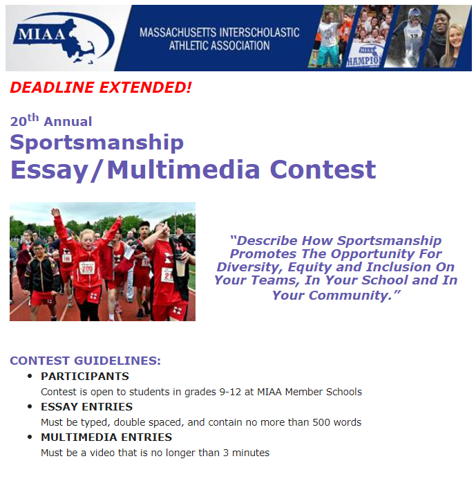 MIAA033's tweet photo. ⭐EXTENDED DEADLINE!!⭐
#MIAA Sportsmanship Essay/Multimedia Contest extended deadline to February 5, 2021!!

⭐⭐https://t.co/O1oKponx8y

Keep the submissions coming in over the winter months!!
#OneTeamOneMIAA
#MIAA_MSAA_DEIC
@CBohmiller @sbryantMIAA @Napa13 @MSSADA9 @MSAA_33 https://t.co/haYpCkcs1f