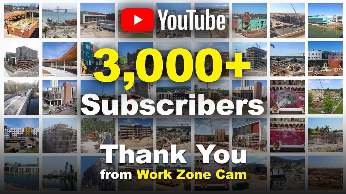 WorkZoneCam's tweet photo. 3,000+ subscribers on YouTube! Thanks to everyone who has subscribed and supported us so far, here's to 3,000+ more!  🚧#WorkZoneCam #Milestones Watch our awesome time-lapse movies here: https://t.co/MVb4SEKZEw https://t.co/9SeU9lLiLJ