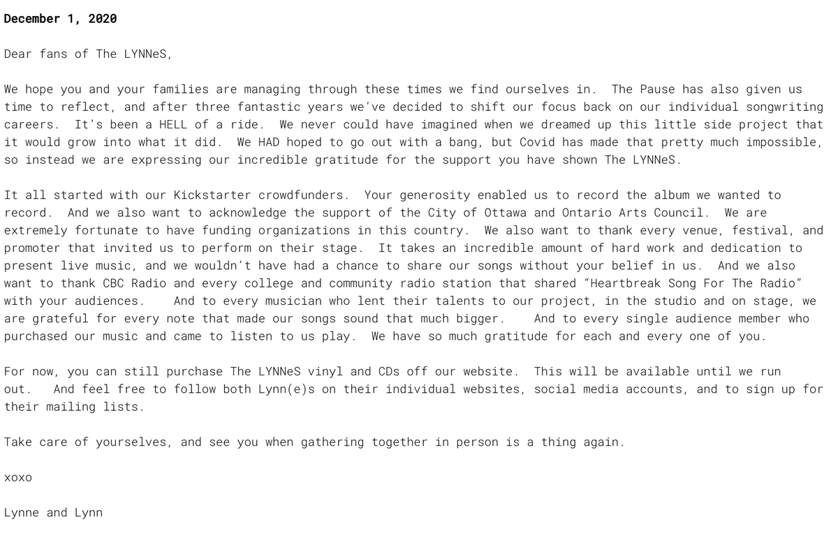 "Every new beginning comes from some other beginning's end" - Seneca

Much gratitude to everyone who has supported The LYNNeS over the past 3 years. ❤️ We had an absolute blast.  Full statement below