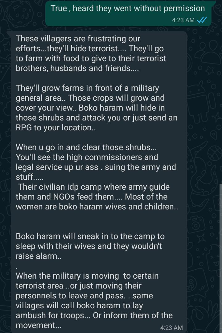 Despite the achievements of so many service members, the Nigerian public tends to only hear about is the negative stuff. Given below is a chat between an obviously frustrated soldier in the frontline.