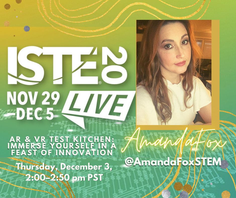 Excited to be presenting @iste Live Thurs 5pm EST w/ Alex Chaucer, Michael Fricano, &amp; James McCrary. Tune in to learn about #arvrinedu in the CR!

In the AR&amp;VR Test Kitchen you’ll be able to sample ur way through some of the best AR &amp; VR creation tools.
#istelive2020 #istelive