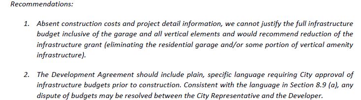 Case in point: The original, on the left, recommends *reducing* the $92.8 million taxpayer contribution for infrastructure. The friendlier version on the right keeps the observation that the DIA can't justify the amount (for posterity's sake, I guess) but deletes the key part.