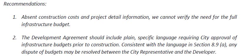 Case in point: The original, on the left, recommends *reducing* the $92.8 million taxpayer contribution for infrastructure. The friendlier version on the right keeps the observation that the DIA can't justify the amount (for posterity's sake, I guess) but deletes the key part.