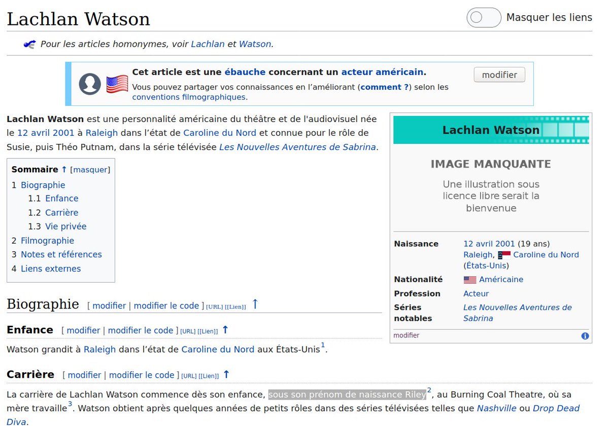 Si Wikipédia se base sur la presse et que la presse continue d'indiquer le deadname, il ne sera pas supprimé.Lachlan Watson a fait un seul film (!) sous son nom de naissanc. Il est inscrit dans son articleAlors, imaginez pour Eliott Page, 21 ans de carrière...