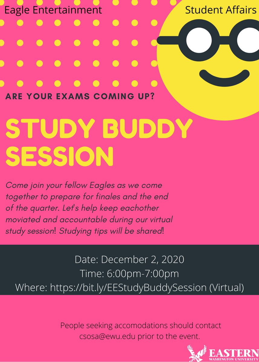Need a space to keep you motivated to study for finals? Then join us for a study night! They'll be good vibes and encouragement!

Event link: bit.ly/EESTUDYBUDDYSE…