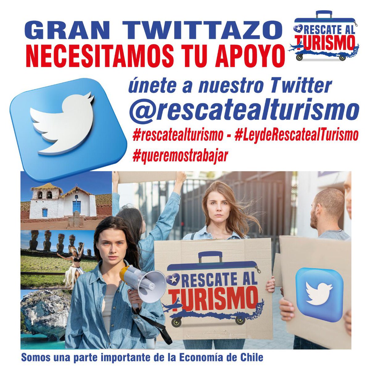 RescatealT's tweet photo. Necesitamos urgente #leydelrescatealturismo. El Turismo en Chile se une porque #necesitamostrabajar. Acompañanos este miércoles al twittazo. Vamos! únete y pidamos  la  #LeyRescatealTurismo
Etiquetando a las autoridades para que sea escuchada nuestra voz y retwitteando https://t.co/1rwyCyMvZT
