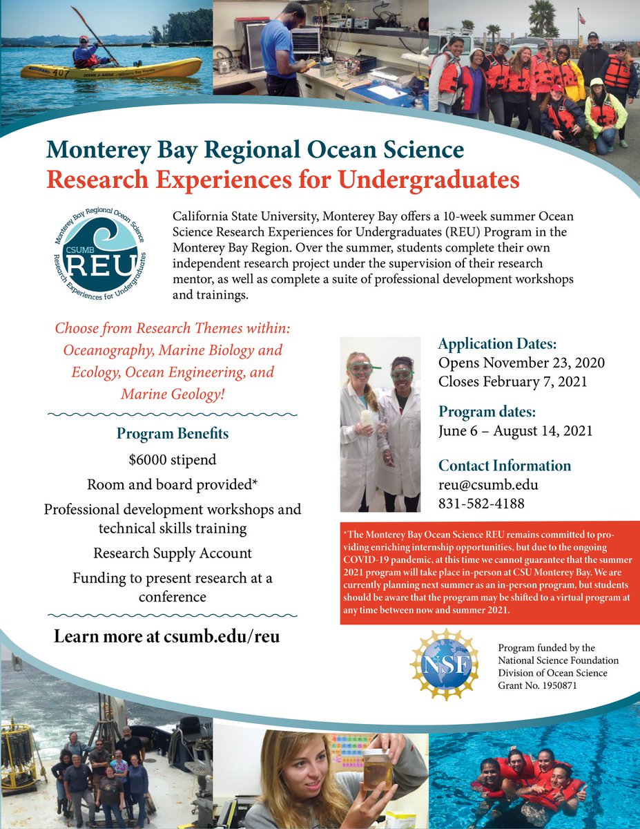 Moss Landing Marine Labs (@mlmlmarinesci) on Twitter photo π¨π Calling all undergrads interested in marine science research! ππ¨
Applications are now open for the summer 2021 <a href="/MontereyBayREU/">MontereyBayREU</a> program! This is a fantastic #NSFfunded opportunity to gain research & professional development skills.
Learn more: csumb.edu/reu π¨π Calling all undergrads interested in marine science research! ππ¨
Applications are now open for the summer 2021 <a href="/MontereyBayREU/">MontereyBayREU</a> program! This is a fantastic #NSFfunded opportunity to gain research & professional development skills.
Learn more: csumb.edu/reu
