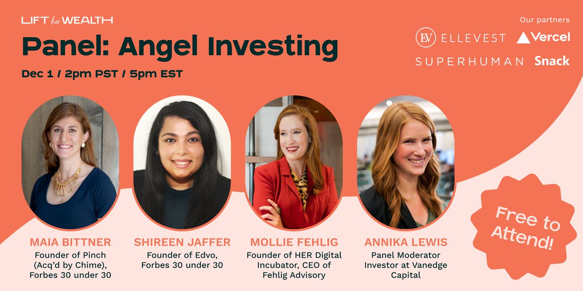 Our first panel of the day is up next (2PM PST / 5PM EST)✨💰

The topic: Angel Investing
The lineup: <a href="/maiab/">Maia Bittner</a> <a href="/shireenjaffer_/">Shireen Jaffer</a> <a href="/FehligA/">Mollie Fehlig</a> <a href="/AnnikaSays/">Annika Lewis</a> 
Interested? Tune in: hopin.com/events/lift-he…