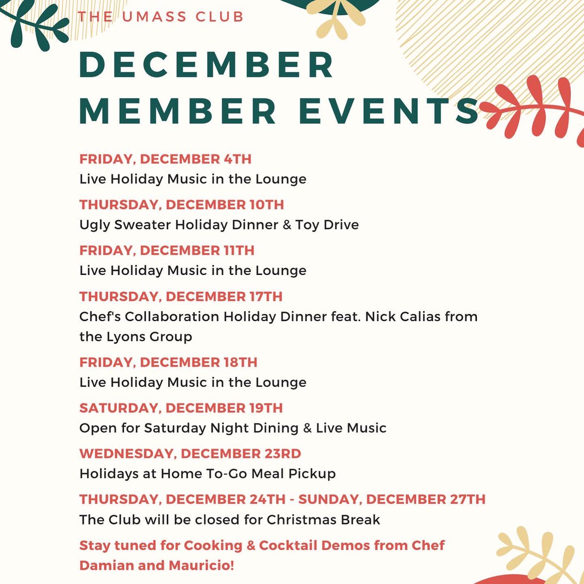 Happy December 1st 🎄 Although things will be a little bit different this year, we look forward to making the most of this holiday season with our Members! We've got lots of festive events in store... #UMassClub #holidays #membershipmatters #clublife #physicaldistancing #December
