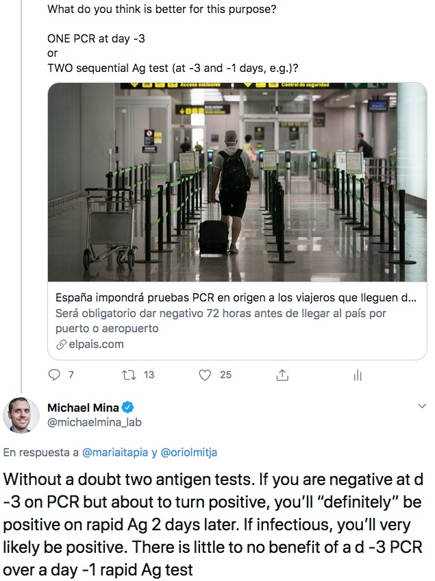 25/«¿Qué crees que es mejor: UNA PCR en el día -3 o DOS test de Ag (a -3 y -1 días, por ej.)?«Sin duda, dos test de antígenos. Si es negativo el día -3 en la PCR pero está a punto de volverse positivo, indudablemente será positivo en el test de Ag rápido 2 días después.»