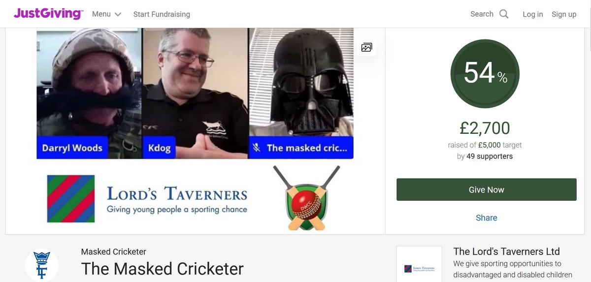 PLEASE SHARE

DONATE justgiving.com/fundraising/th…

💷 Over HALF of the @MaskedCricketer goal has been achieved: £2,700 going towards the @LordsTaverners and @OxonDisCric 🏏🏏🏏

A brilliant idea by @DWCC11 & @kbushnell1975 for an even more brilliant cause

@piersmorgan @bbctms @Oxoncb