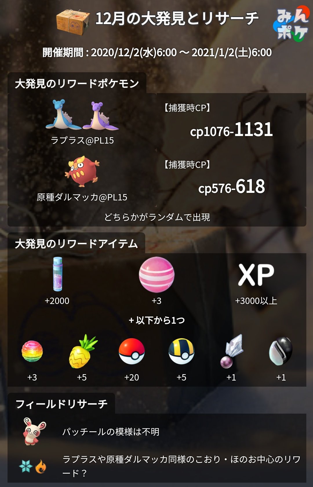 ポケモンgo攻略 みんポケ 12月の大発見とタスク 開催期間 12月2日 水 6 00 1月2日 土 6 00 開催内容 大発見は原種ダルマッカとラプラス タスクのリワードはほのお こおりタイプ中心 T Co 9jlea6qzgz ポケモンgo T Co Ze2ahrbugw