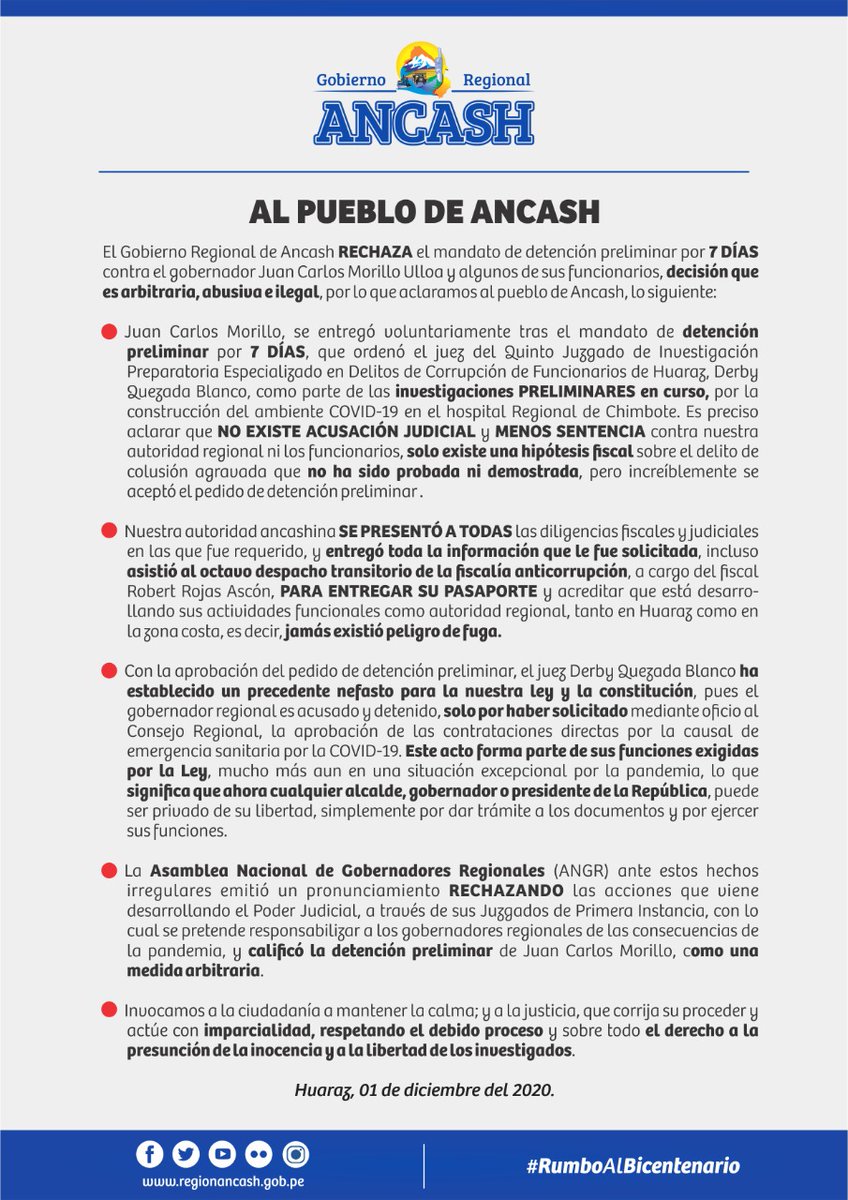 Subpacifico's tweet photo. COMUNICADO
El Gobierno Regional de Ancash RECHAZA el mandato de detención preliminar por 7 DÍAS contra el gobernador Juan Carlos Morillo Ulloa y sus funcionarios, decisión que es arbitraria, abusiva e ilegal. https://t.co/sKgWtnZ8NN