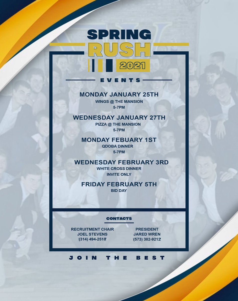 Spring recruitment is coming up and here are our dates for events that we will be hosting! If you have any questions concerning Spring Rush, contact Joel Steven’s or Jared Wren. (Numbers are on flyer)