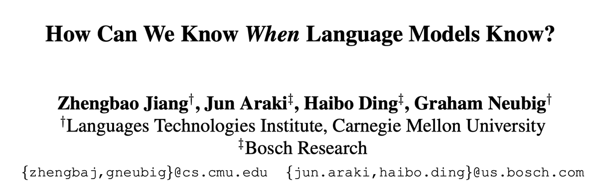 Powerful LMs such as GPT-3 and T5 have impressive ability to answer questions by continuing a textual prompt. However, how can we know when an LM knows the answer with confidence, and when it's making a random guess? Our new preprint asks this: phontron.com/paper/jiang20l… 1/N