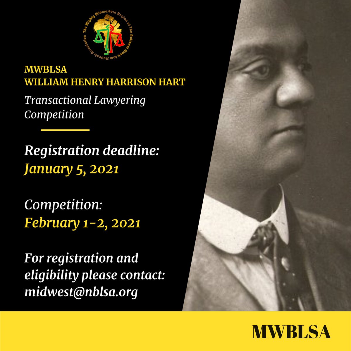 Registration for the 53rd Annual Convention of the Mighty Midwest Region of NBLSA is now open! Convention will be held virtually from February 3rd to February 7th, 2021. Don't forget to check out our new advocacy competitions for 2021!