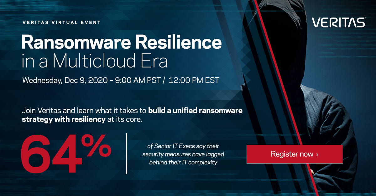 VeritasTechLLC's tweet photo. Join experts from #TeamVtas for a webcast and gain valuable perspective on how to keep your business resilient against #Ransomware attacks.
 
December 9 | 9:00 a.m. PST / 12:00 p.m. EST
 
Register ▻ https://t.co/tHzkpbtEHB https://t.co/AqYpy6egsz