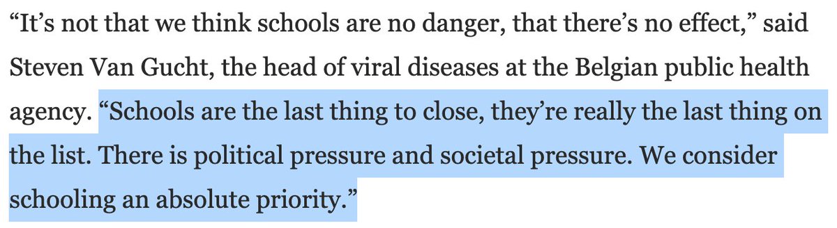 Belgium's top virologist: "Schools are the last thing to close, they’re really the last thing on the list. There is political pressure and societal pressure. We consider schooling an absolute priority." https://www.washingtonpost.com/world/europe/europe-schools-covid-open/2020/12/01/4480a5c8-2e61-11eb-9dd6-2d0179981719_story.html