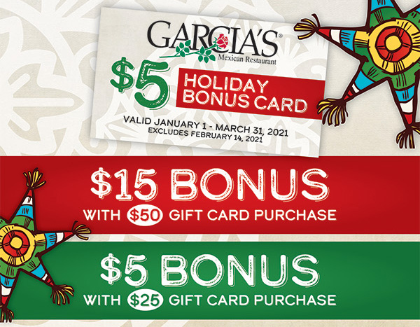 GarciasMexican's tweet photo. You Deserve a Holiday Bonus ! 
Buy $25, Get a $5 Bonus, Buy $50, Get a $15 Bonus !
Offer good through 12/24, IN-STORE PURCHASES ONLY !
#GiveAndGetGarcias #FreshTradition https://t.co/hKNpLtFvHA