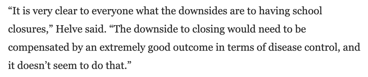 “It is very clear to everyone what the downsides are to having school closures,” Helve said. “The downside to closing would need to be compensated by an extremely good outcome in terms of disease control, and it doesn’t seem to do that.” https://www.washingtonpost.com/world/europe/europe-schools-covid-open/2020/12/01/4480a5c8-2e61-11eb-9dd6-2d0179981719_story.html