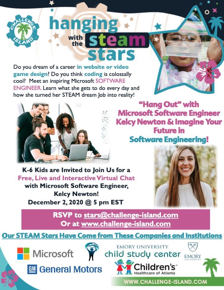 CI_Franchising's tweet photo. Join Challenge Island on Wed, 12/2 and "Hang with Our STEM Star" Microsoft Engineer - Kelcy Newton! https://t.co/u0Wi1fLrrB
