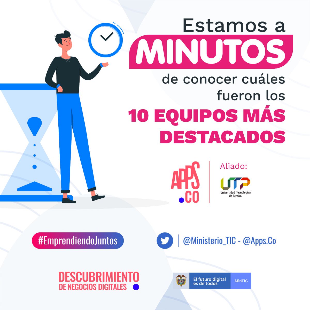 En contados Instantes conoceremos cuáles fueron los 10 Equipos más Destacados del país, si no estás conectado hazlo ya mismo por Zoom y Facebook Live UTP. @APPS.CO, un proyecto del MinisterioTic  #EmprediendoJuntos