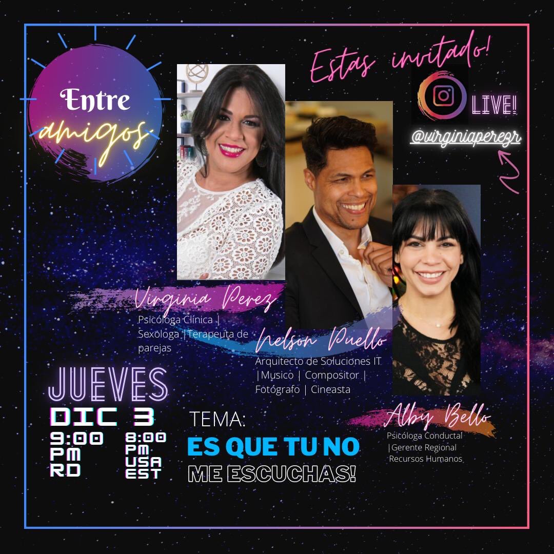 Este jueves 3 de diciembre a las 9:00 pm hora RD y 8:00 pm hora USA, estaremos hablando en nuestro live “Entre amigos” sobre la comunicación en la pareja, aquí te daremos herramientas esenciales para que tengas una relación sana y funcional, junto a destacados profesionales 🙌🏼