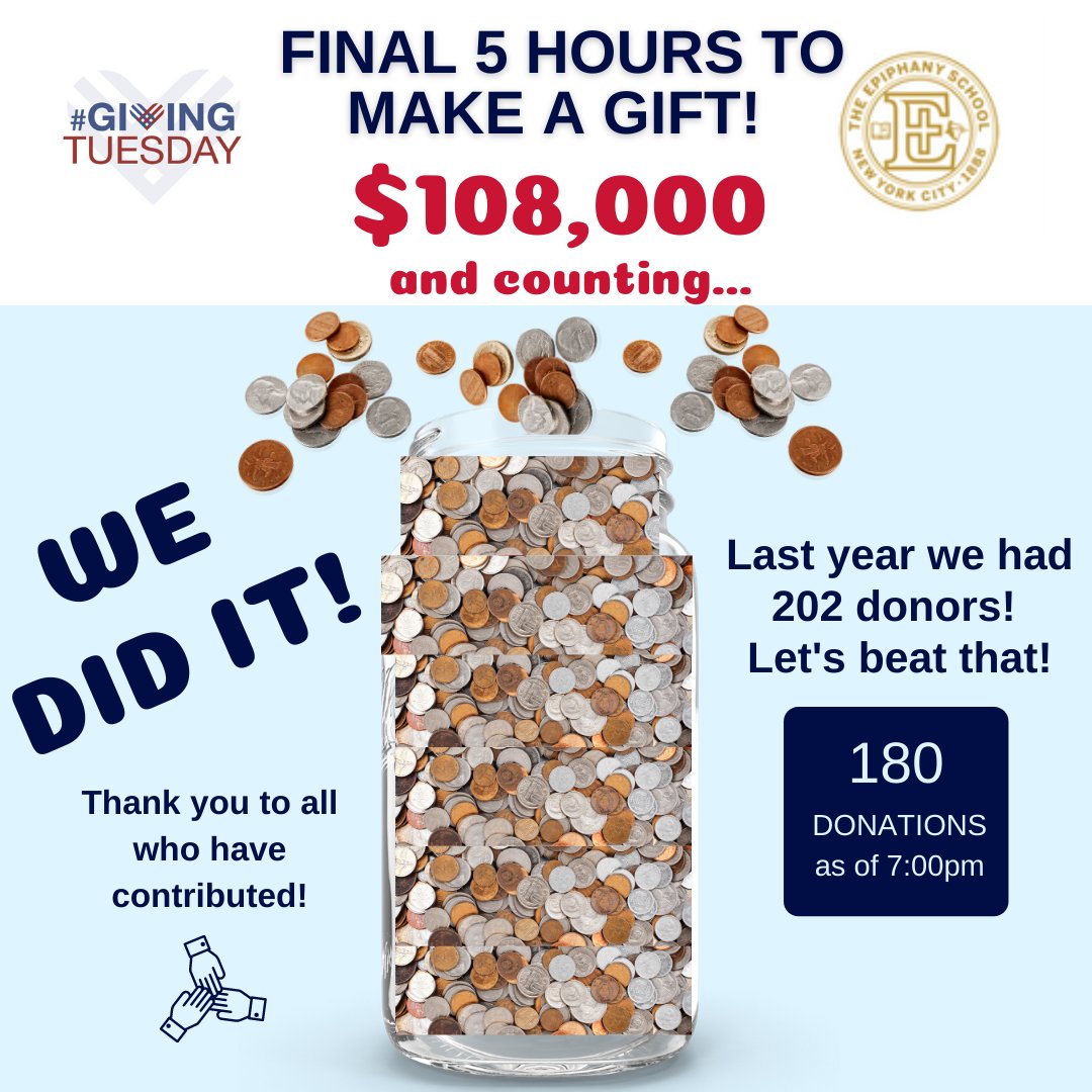 _EpiphanySchool's tweet photo. FIVE more hours to donate! Thank you to everyone that has helped us reach our goal this #GivingTuesday! #EpiphanyGives https://t.co/dXdqNbPgmJ https://t.co/ajH8HaxPmk