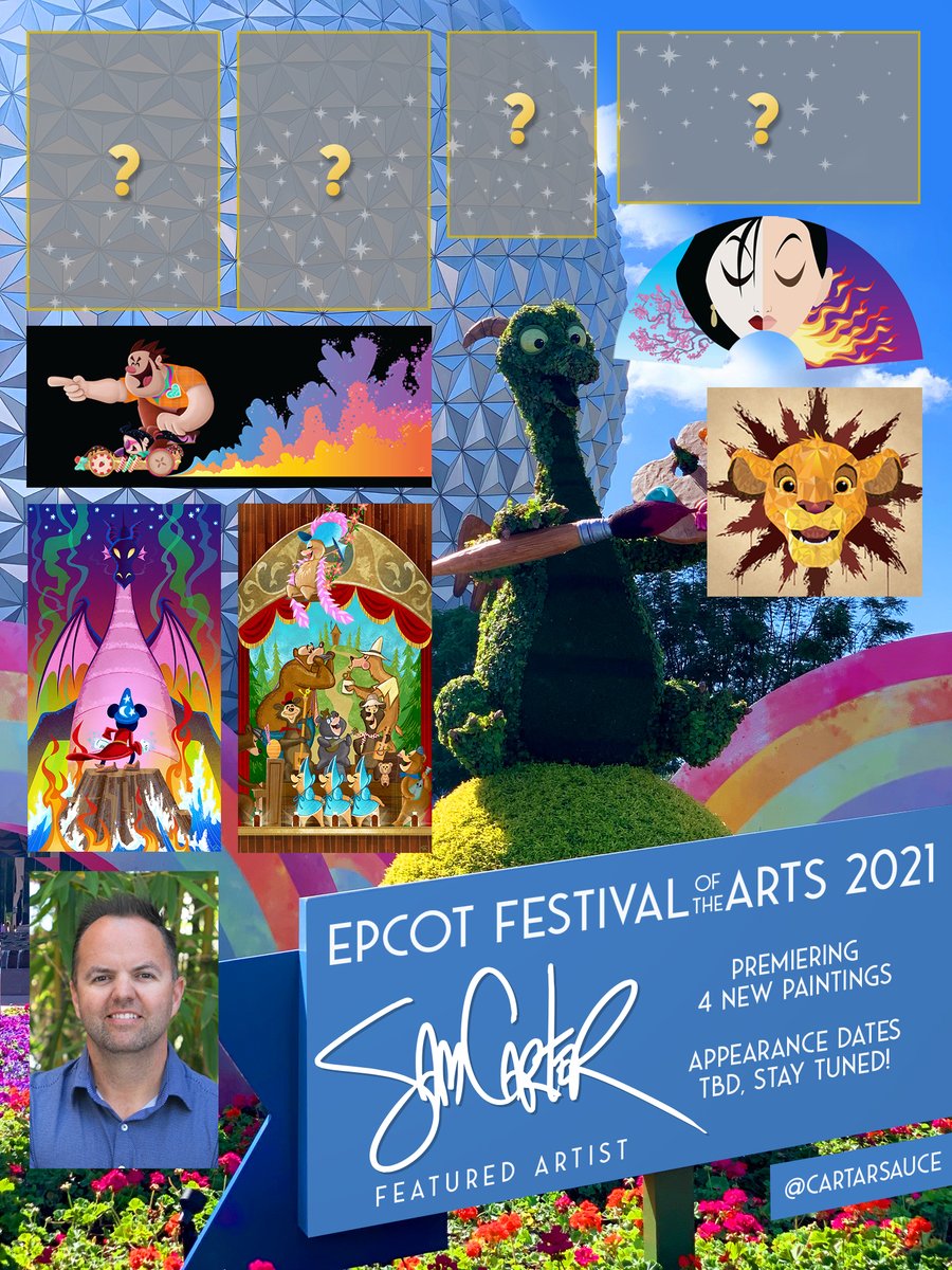 Cartarsauce's tweet photo. Way too excited to announce that I will be a part of next year's EPCOT FESTIVAL OF THE ARTS 2021 Premiering 4 brand new art pieces. Dream come true stuff here, thanks for everyone's support. Appearance dates art still TBD, but the Art Festival itself runs 1/8 - 2/2 ✨🏰🎨.  . https://t.co/P84ytcdN1R