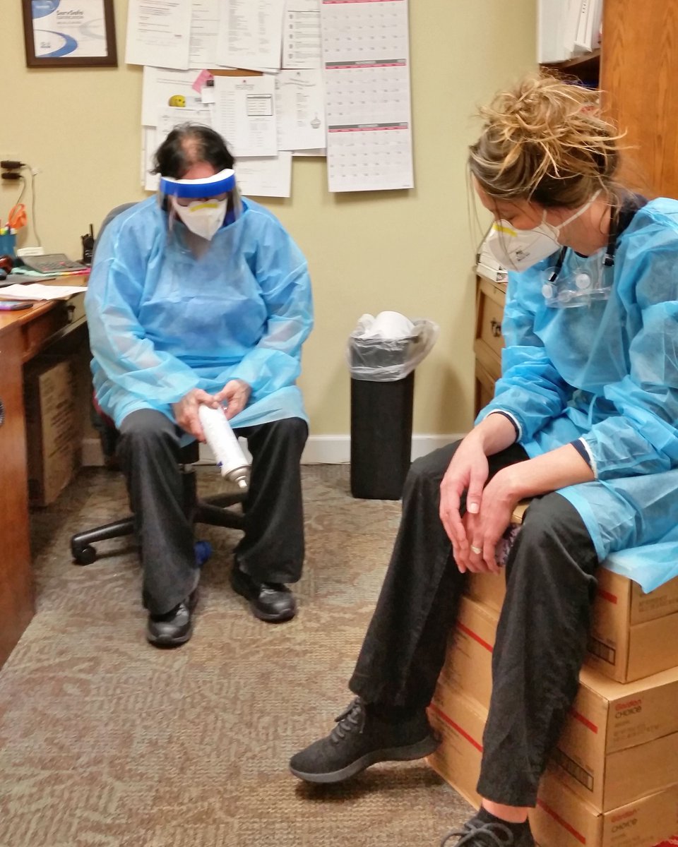 Here, team members at Magnolias of Chambersburg take a beat to rest during a busy shift in the Quarantine zone where hourly checks of every resident are underway.  #ThisIsCovid  #CareNotCovid #CaregiverHeroes