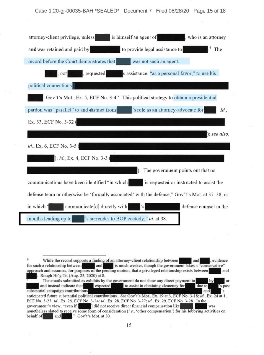 So by now you should know A/C privilege isn‘t without limits - but READ page 15, the last sentence. This narrows down to a few subset of people BUT equally important is footnote 7 - also on page 15 https://www.dcd.uscourts.gov/sites/dcd/files/20gj35%20Partial%20Unsealing%20Order.pdf