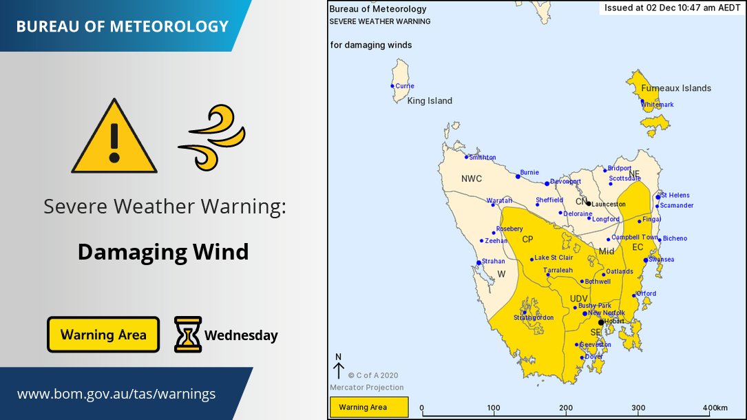 Severe Weather Warning for damaging #winds continues across much of #Tasmania. Damaging winds gradually ease this afternoon, contracting to the far south and Central Plateau by this evening. See ow.ly/cZaY50CA0SS for all warnings; follow advice from <a href="/SESTasmania/">SES Tasmania</a>.