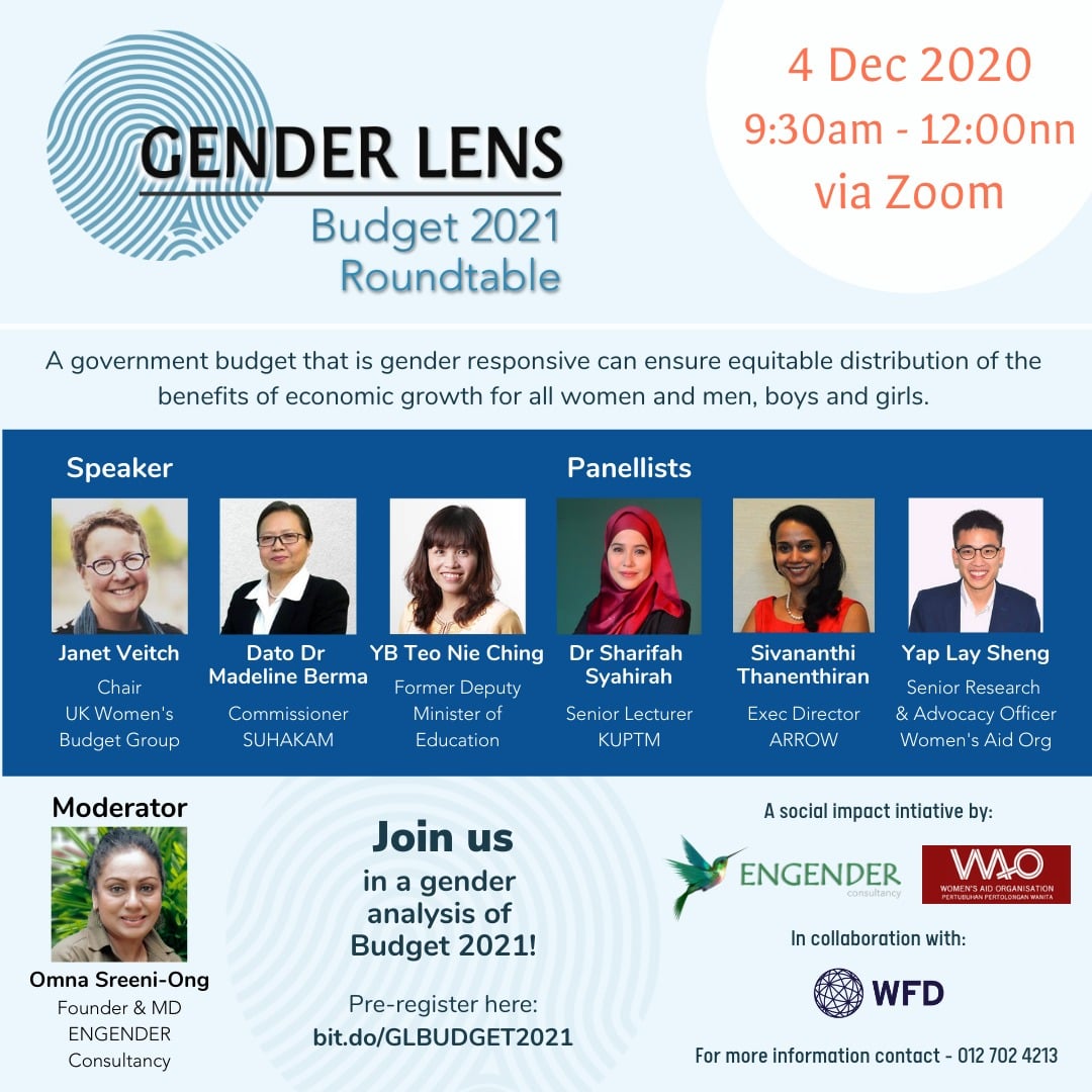EngenderMy's tweet image. Register @ bit.do/GLBUDGET2021 to join @EngenderMy, @womensaidorg and @WFD_Democracy Malaysia in a #gender analysis
of #Budget 2021!

on: Friday, 4 Dec
at: 9.30am