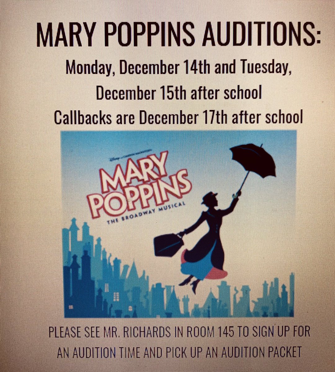 Hurry and sign up to audition for our spring musical before all the time slots are filled!