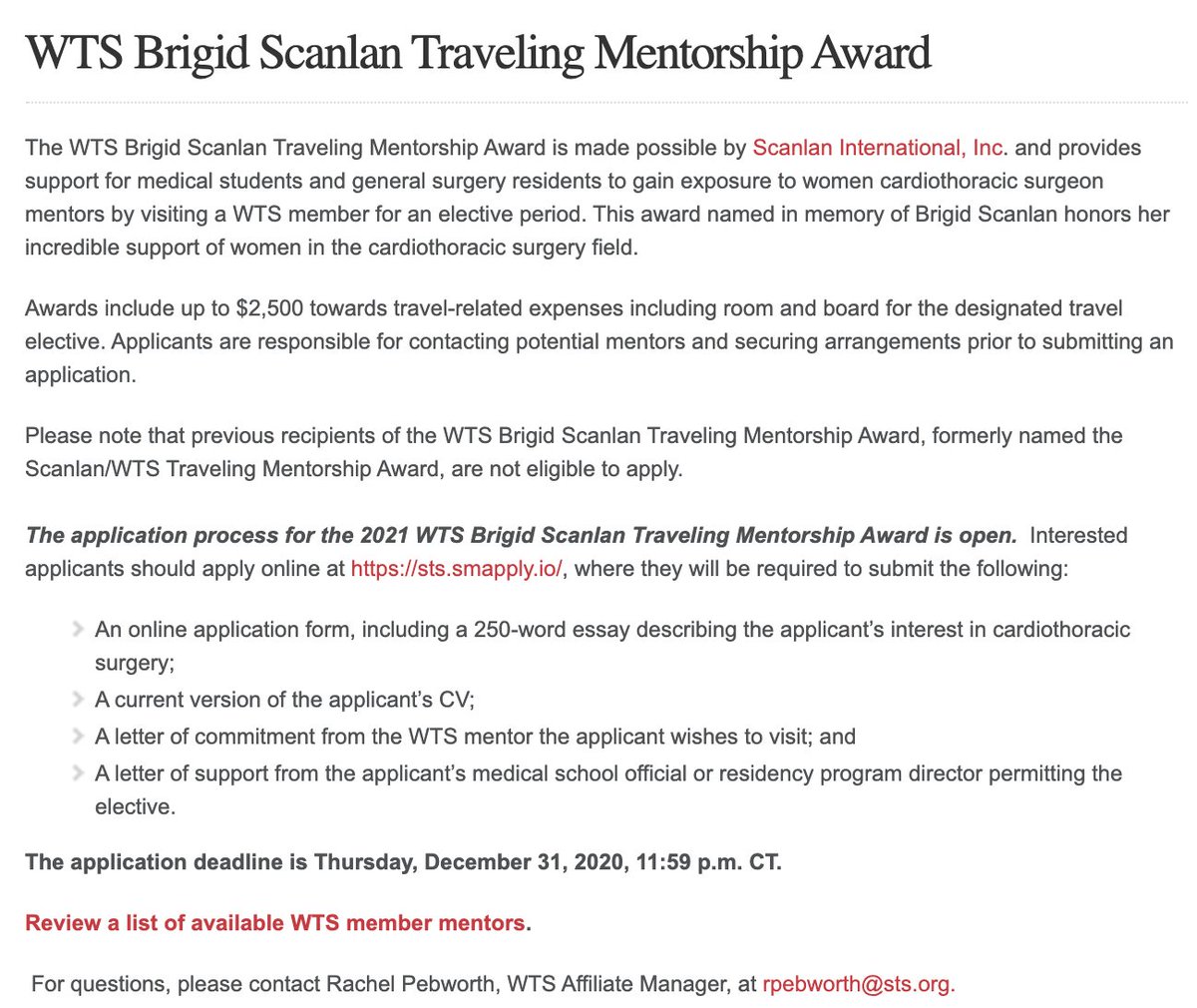 We are so incredibly excited to announce that the @WomenInThoracic Scanlan Traveling Mentorship Award applications are now open! Deadline to apply is December 31, 2020. Thank you to @ScanlanInc for making this award possible Link here for more details -> wtsnet.org/awards-mentori…