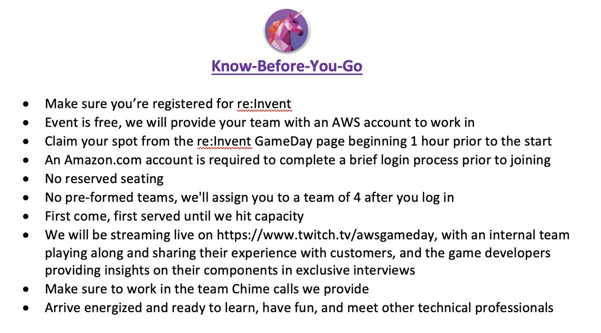 Kicking off our #AWSGameday Unicorn Polo League series at #reInvent2020 for Asia-Pacific on Thursday at 12:00 AEDT (Wednesday at 17:00 PST). For more info, check out this FAQ d1.awsstatic.com/events/AWS%20r… and the brief know-before-you-go attached #AWS #awscloud #awspartner