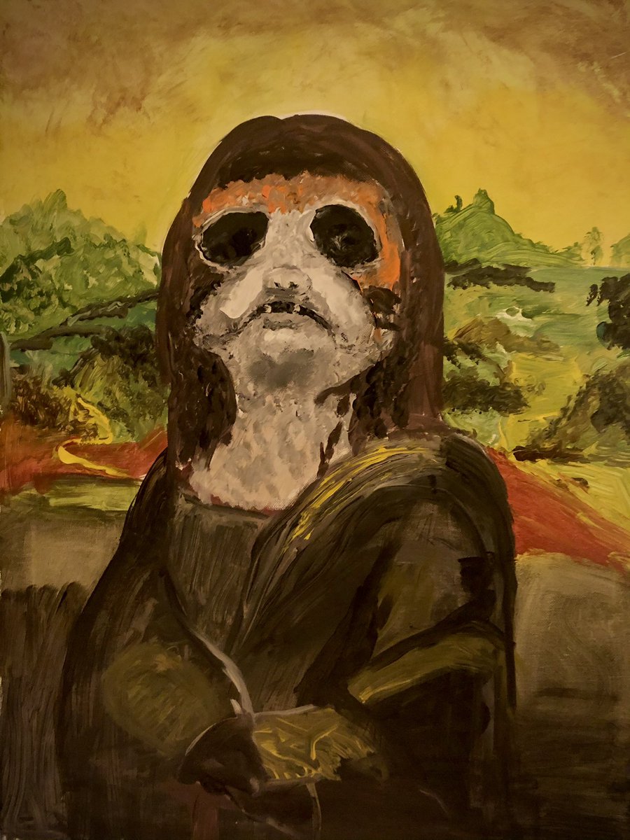 JakobKolness's tweet photo. My dumb brain: “What if I repainted the Mona Lisa, but made her a porg from Star Wars? I could call it The Porgalisa. It won’t be terrifying.” @rianjohnson 

90 minutes later: https://t.co/qWxcpls0xv
